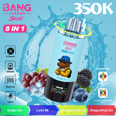 BANG Leader Stoll 8 in 1 bottle with splash background, grape ice flavor, cartoon camel wearing hat on blue bottle, 350K price text, icons for flavors, 8 flavors, and fruit visuals (grape, blackberry, blueberry).
