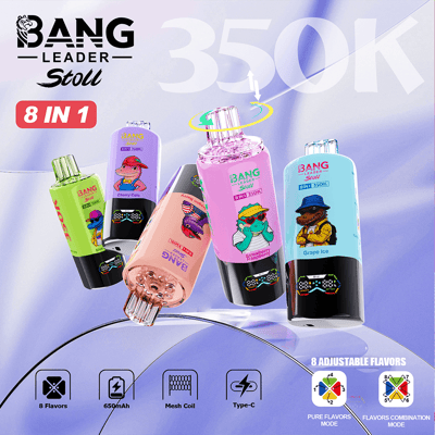 Eight colorful Bang Leader Stoll vaping devices with different cartoon labels, floating against a purple gradient background, 8 flavors and 350K.