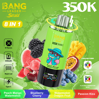 Bright green bottle labeled Bang Leader Stoll 8 in 1 with peach mango watermelon, surrounded by fruits (watermelon, mango, berries) on a lime background; 350K text, flavor wrappers at bottom.
