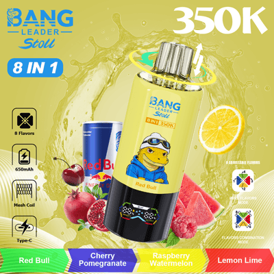 Bright yellow promotional image for Bang Leader Stoll 8 in 1 energy drink with 350K, featuring a large yellow bottle, Red Bull can, fruit graphics, and colorful flavor tabs (Red Bull, Cherry Pomegranate, Raspberry Watermelon, Lemon Lime).