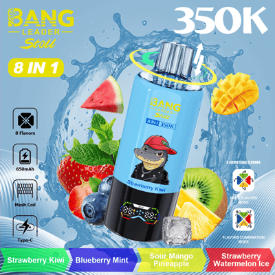 Bang Leader Stoll 8 in 1 vape bottle with Shark/dragon mascot, surrounded by fruits (strawberry, kiwi, mango), splash background, 650mAh, 8 flavors. Strawberry Kiwi front label. 350K promo.