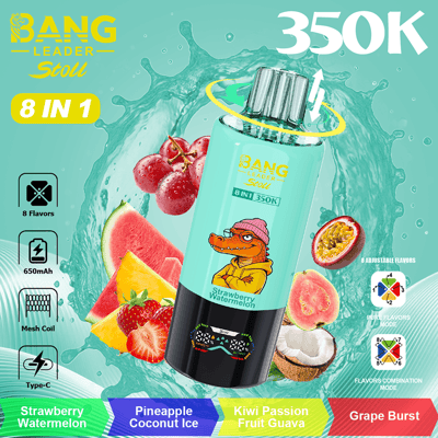 Bright turquoise Bang Leader Stoll 8 in 1 vape bottle with pineapple/coconut ice, strawberry watermelon, grape/fruit slices, and tropical fruits against splash background. 350K.