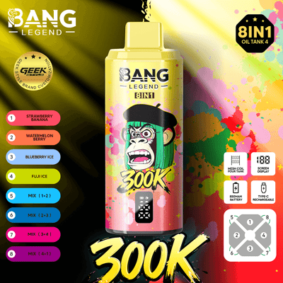 Puszka vape Vibrant Bang Legend 8IN1 z wielokolorowym wzorem, etykietą 300K i listą smaków po lewej stronie.