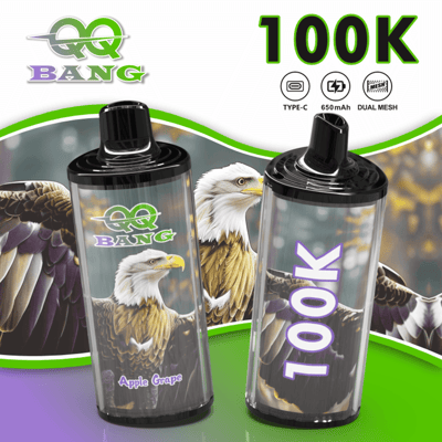 Two clear vape pods with eagle artwork and green accents; left shows CQ Bang logo and “Apple Grape,” right shows large “100K” text and teal bottle design.