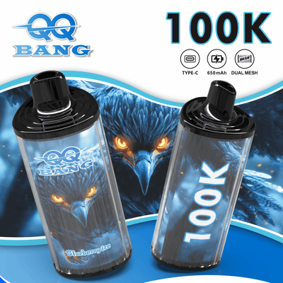Two blue-themed vape bottles with black caps tilted, featuring a fierce blue eagle artwork and the words Blueberry Ice and LOOK; the background shows a roaring blue eagle image and bold “100K” text.