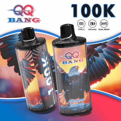 Two black refillable vape pods with colorful eagle artwork and “Blueberry Raspberry” flavor label, against a bold 100K banner.
