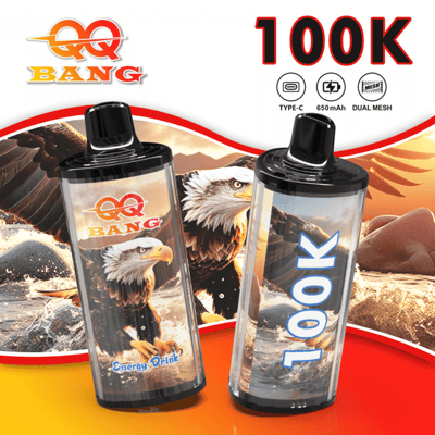 Two energy drink bottles with eagle artwork, labeled QQ Bang and Look, set against a red-yellow background with an eagle motif and bold “100K” text.