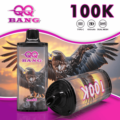 Stylized e-liquid bottle labeled QQ Bang with a bold “100K” title, featuring a dramatic eagle artwork in sunset colors and purple-pink accents.