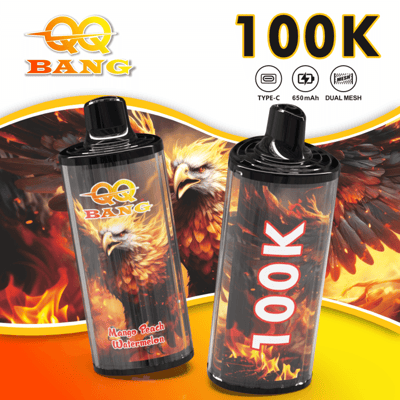 Two vape pods branded QQ BANG with fiery phoenix artwork, one labeled Mango Peach Watermelon and the other showing large "100K" text, set against a bright orange–yellow flame background.