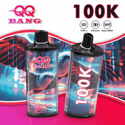 Two colorful vape bottles labeled QQ Bang 100K with bold artwork of a phoenix-like bird and “Mixed Fruits” flavor, set against a vibrant red-blue background.