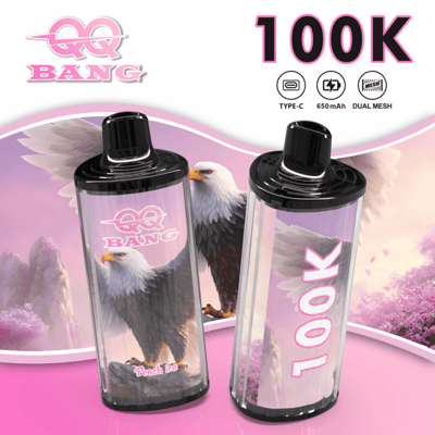 Two pink and black vape devices with eagle artwork, one labeled “QQ BANG” and the other “TOOK,” set against a pastel pink-purple background with mountains and flowers.