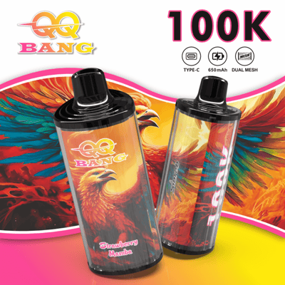 Bright colorful vape bottles with phoenix artwork, labeled QQ BANG, set against a vibrant gradient background with “100K” text.