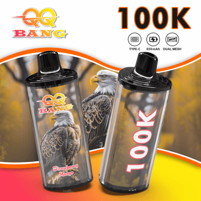 Two transparent vape bottles with black caps and bold graphics, one labeled Tukek with a red-orange gradient, featuring a white-tailed eagle and “Strawberry Mango”; the other shows large vertical text “TOOK” and a yellow-orange background.