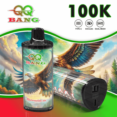 Two QQ Bang vape bottles with a dynamic eagle and colorful background, label shows Watermelon Ice flavor and 100K capacity text.