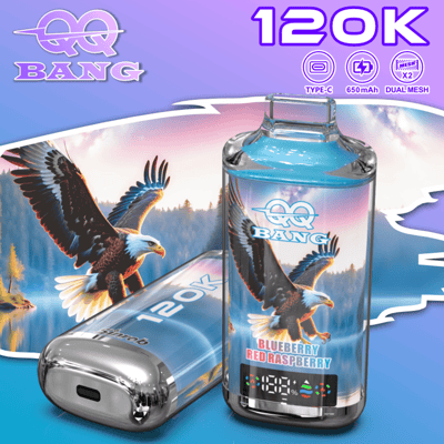 Two blue and silver Bang 120K vape devices with eagle artwork, one standing upright and the other lying down, set against a gradient purple-blue background.