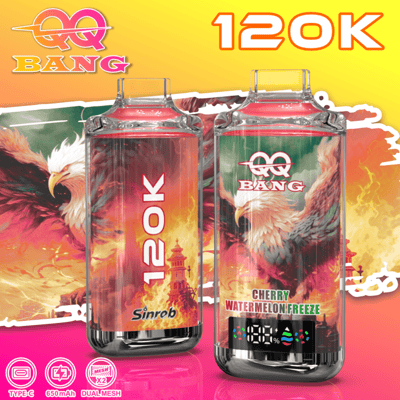 Two large glow-in-the-dark 120K Bang 功果 vapes with colorful phoenix artwork, one showing 120K text and the other labeled Cherry Watermelon Freeze, set against a bright gradient background.