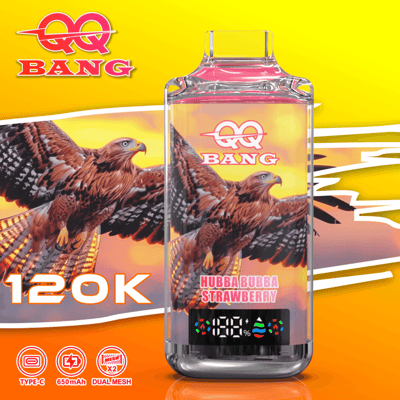 Hawk graphic on a bright orange-yellow background with a glass vape device in the center, labeled QQ Bang Hubba Bubba Strawberry, and bold 120K text on the left.