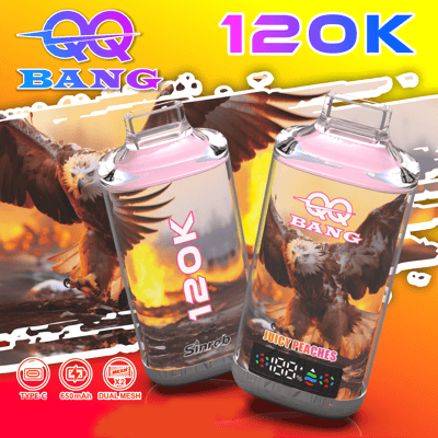 Two pink-labeled vape devices with fiery eagle artwork, set against a bright orange-yellow background featuring "120K" and branding.