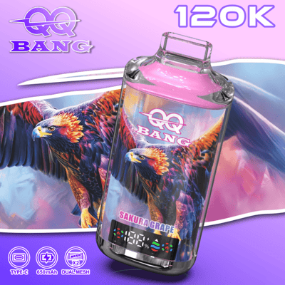A glossy purple vape bottle with a phoenix graphic, prominent “BANG” logo, and “SAKURA GRAPE” label, set against a purple-pink background with abstract swooshes.