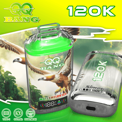 Bright green water bottle and cap with a 120K label, featuring a white eagle logo, watermelons, and nature background; includes a vehicle-style cap on the side.