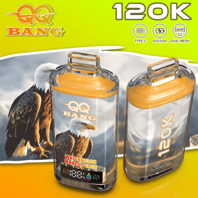 Two orange-capped BANG energy drink bottles with a bold 120K label in a bright lime-yellow background, featuring a hawk on the left and product details.
