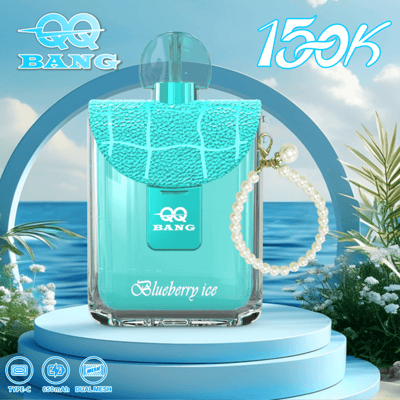 A turquoise perfume bottle labeled QQ Bang Blueberry Ice with a matching textured cap, displayed on a light blue pedestal against a seaside backdrop.
