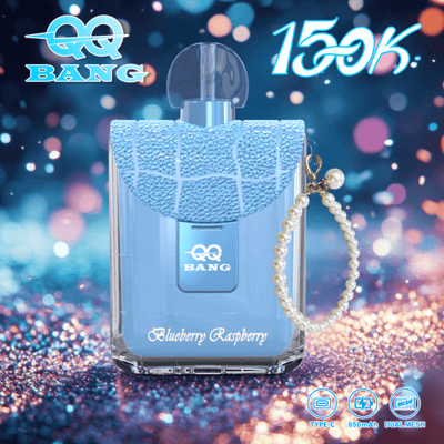Blue perfume bottle with a sparkly lace-covered cap, pearl charm, and "Blueberry Raspberry" label; glow and bokeh background with logos and "150K" text.