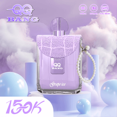 A lavender perfume bottle with a textured lilac cap and syringe-inspired top, labeled QQ BANG, set against a dreamy cloudscape with blue spheres and a pearl bracelet.