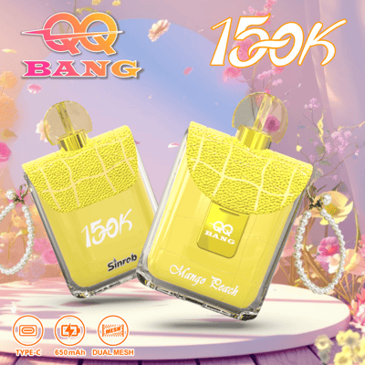 Two bright yellow perfume bottles labeled 150K, with yellow textured caps, angled on a pastel pink background with decorative flowers and sparkles