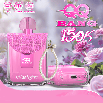 A pink perfume bottle with a rounded cap and a beaded chain, set against a floral background; bold pink text “BANG 150K” and small icons in the top left.