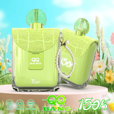 Two lime-green perfume bottles with decorative textured caps, one standing upright and the other leaning, set against a pastel garden background with flowers.