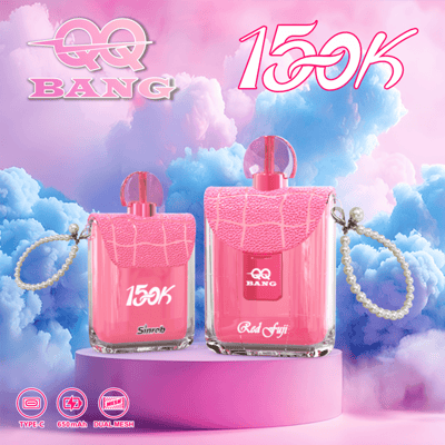 Two pink perfume bottles with textured caps sit on a pink pedestal against a pastel cloud-filled background, accented by beaded chains and the text “150K” and “BANG.”