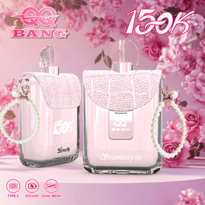 Two pink perfume bottles with pearl-strap charms, set against a pink floral background; both display “QQ BANG” and one reads “Strawberry ice.”