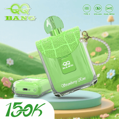 Green bottle-shaped perfume with cap and beaded chain, on a pastel stand, grassy background; branding and "Strawberry Xiivi" text visible.
