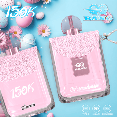 Two pink perfume bottles with ornate caps on a light blue background, surrounded by pastel flowers and decorative elements, branded with QQ BANG and watermelon themes.