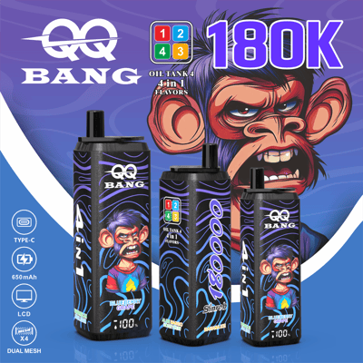 Vape bottle display featuring QQ Bang branding, four colorful flavors, blue and purple swirled background, large "180K" text, and cartoon ear motif; three cylindrical vape packages with black and blue patterns and flavor labels.