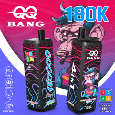 Bold pink-purple background with a stylized monkey and large We Bang 180K text; two black vape oil bottles with neon blue and pink swirl designs, labeled 4-in-1 flavors and featuring colorful logos.