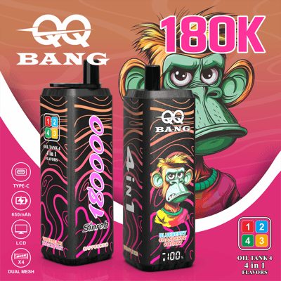 Two black vape oil bottles with pink and orange swirl patterns, labeled QQ Bang 180K, with a monkey character and bold colors in the background.