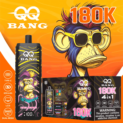 Cartoon monkey wearing yellow sunglasses with bold "180K" text, orange background; vape device and teal-and-pink monkey artwork on packaging; GG BANG branding and warning label.