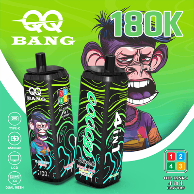 Bright green promotional ad for QQ Bang 180K vape oil with two black bottles featuring neon swirl designs and cartoon monkey artwork; includes 650 mAh, Type-C, LCD icons, and four-flavor oil tank.