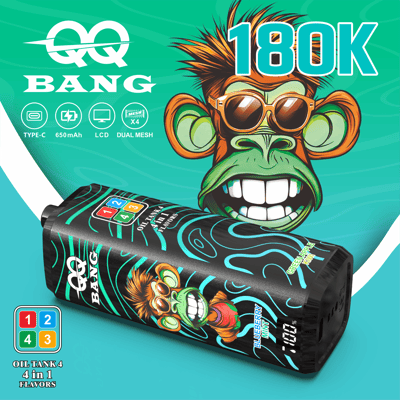 Bright turquoise packaging featuring a grinning monkey wearing sunglasses, with bold "180K" text and a black oil tank tube with neon blue swirl patterns; includes colorful numbered icons and product details.