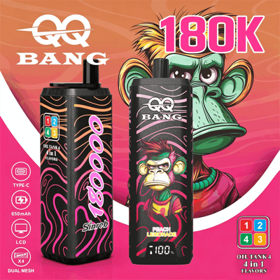 Two black vape oil bottles with neon pink swirl patterns, branded QQ BANG, set against a pink-orange background with a monkey illustration and bold 180K text.