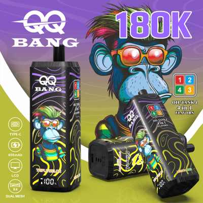 Bright purple and green packaging featuring a colorful monkey wearing orange sunglasses, promoting QQ Bang 180K vape devices with 4-in-1 flavors and a lime-yellow background.