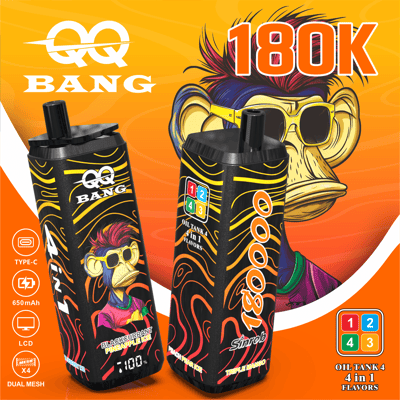 Bright orange packaging featuring two black vape oil bottles with yellow and orange wavy patterns, a cartoon monkey with sunglasses, and bold “180K” text; branding “QQ BANG” and flavor labels visible.