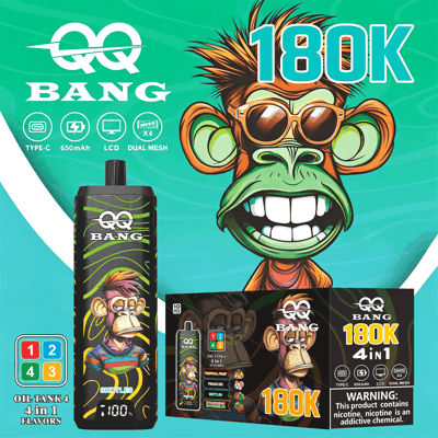 Bright green package display for QQ Bang 180K vape products, featuring a cartoon monkey with sunglasses, a tall black bottle with graffiti, and a black 4-in-1 box labeled 180K with colorful graphics.