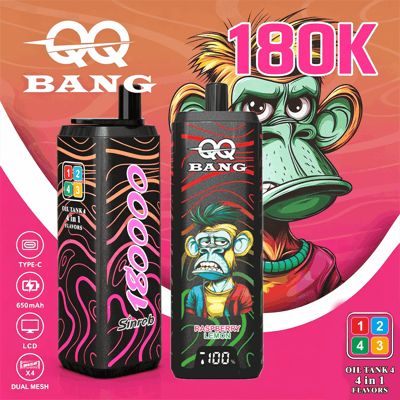 Two black vape devices with pink and red swirl designs, one labeled 1800P, and a green monkey mascot in the background with a bright pink “180K” sign; bold product branding QQ BANG and Raspberry Lemon flavor.