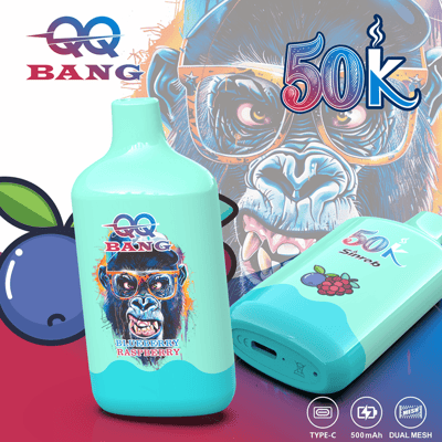 Two turquoise vape devices with a bold graphic backdrop featuring a gorilla and “50k” text; one bottle upright with a blurred label and raspberry motif, and a second device lying on its side with a raspberry illustration.