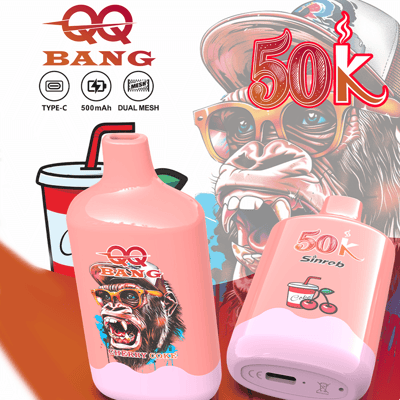 Colorful promotional image featuring Bang energy drink items, including a pink bottle with a gorilla wearing a helmet, a pink USB-C style charger with “50k” branding, and a cartoonish chimp with sunglasses in the background.