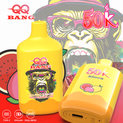 Bright yellow dual-mesh vape devices labeled 50K Sinrob with a cartoon monkey backdrop and fruit graphics in the foreground.