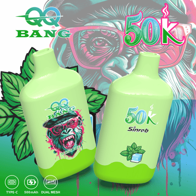 Two bright green bottles with rounded shoulders stand against a colorful graffiti-style background featuring a large "50k" graphic and leaves; one bottle shows a blurred label area.